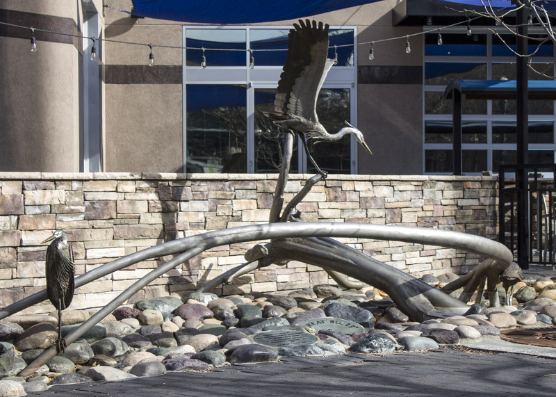 A water feature with an accompanying sculpture. Water flows as a small stream over smoothed river rocks of different colors beneath a stainless steel sculpture of three great blue herons on and around two fallen trees.