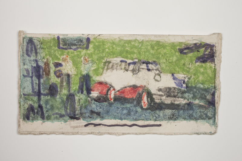 A drawing of a car on the back of a piece of cardboard from a "Chocolate Fudge Marble" ice cream box.