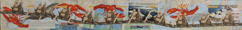 A long collage featuring images of lobsters, ships, whales, and maps. The most notable text reads, "Africa, Antarctica, Asia, Australia, Europe, N. America, . S. America."