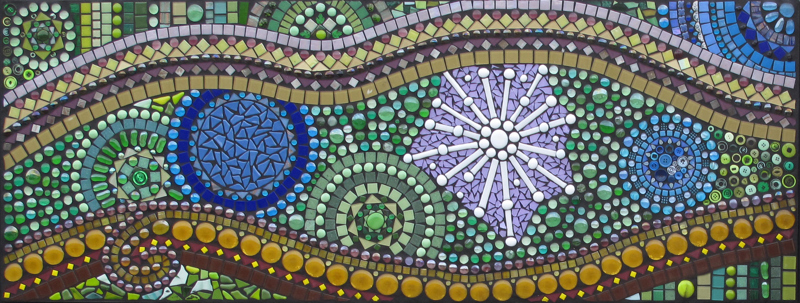 A glass tile mosaic of circles and spirals.