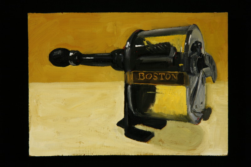 A painting of an antique "Boston" hand-crank pencil sharpener.