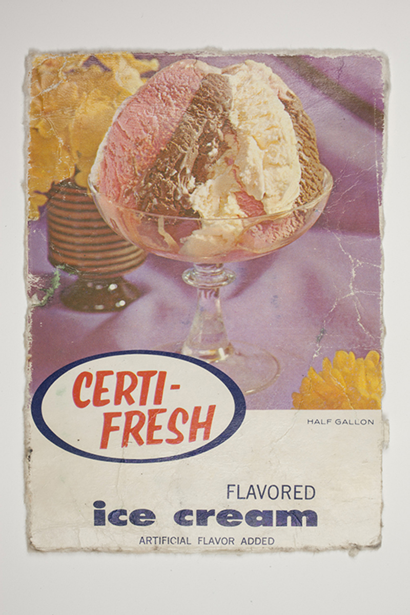 A piece of cardboard from a printed "Certi-Fresh" ice cream box.