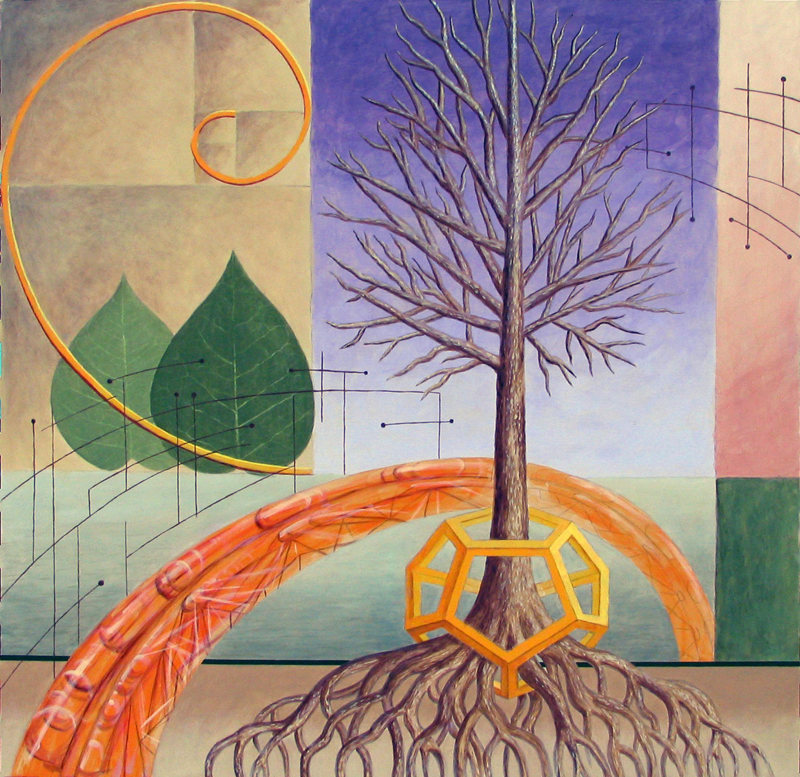 A detail closeup of a painting depicts symbols of science and geometry with objects of nature with similar patterns. This painting features a Fibonacci spiral overlapping two leaves, as well as a leafless tree with bare roots stemming out of a hollow dodecahedron. 