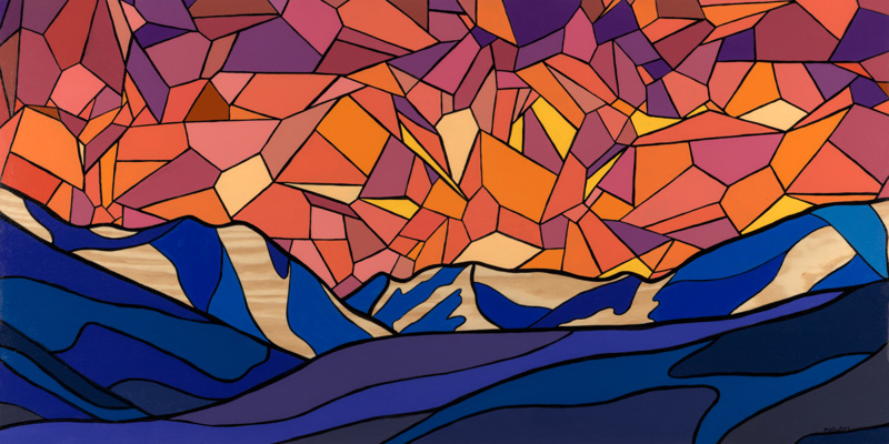A painting of a geometric abstracted landscape of the rock formation Table Rock during morning.