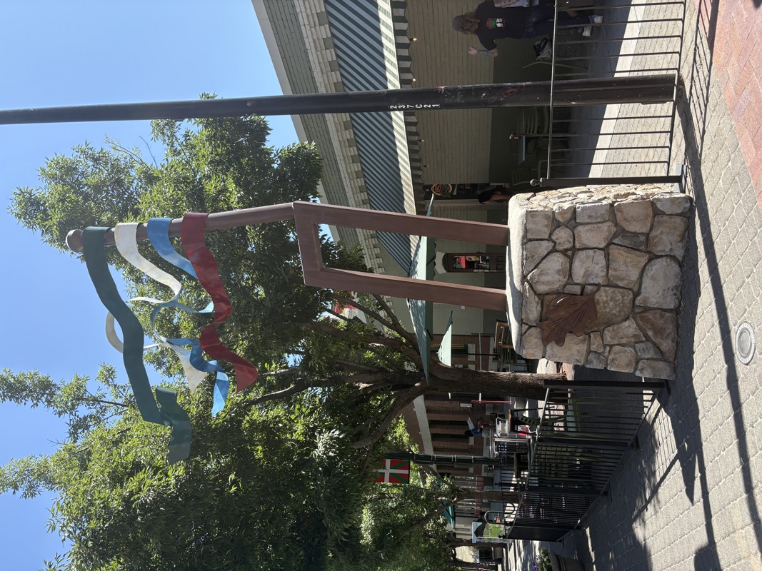 Two large sculptures of laiak (Basque farming tools) that flank the entrance to Boise's Basque Block on Grove St.