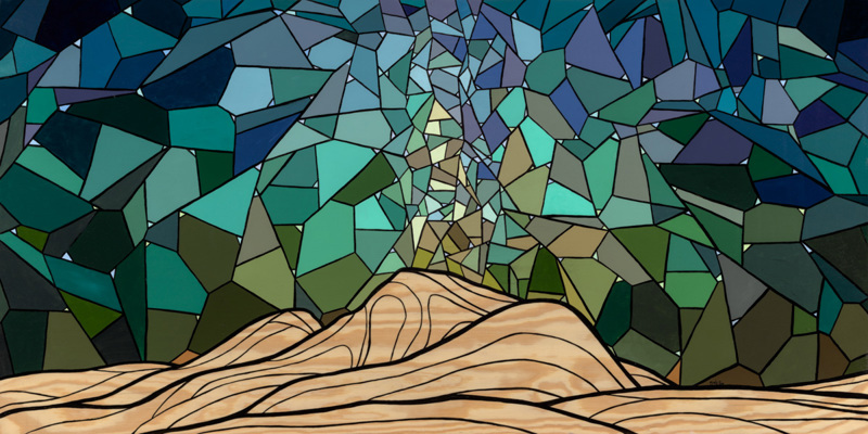 A painting of a geometric abstracted landscape of Craters of the Moon National Park during the night.