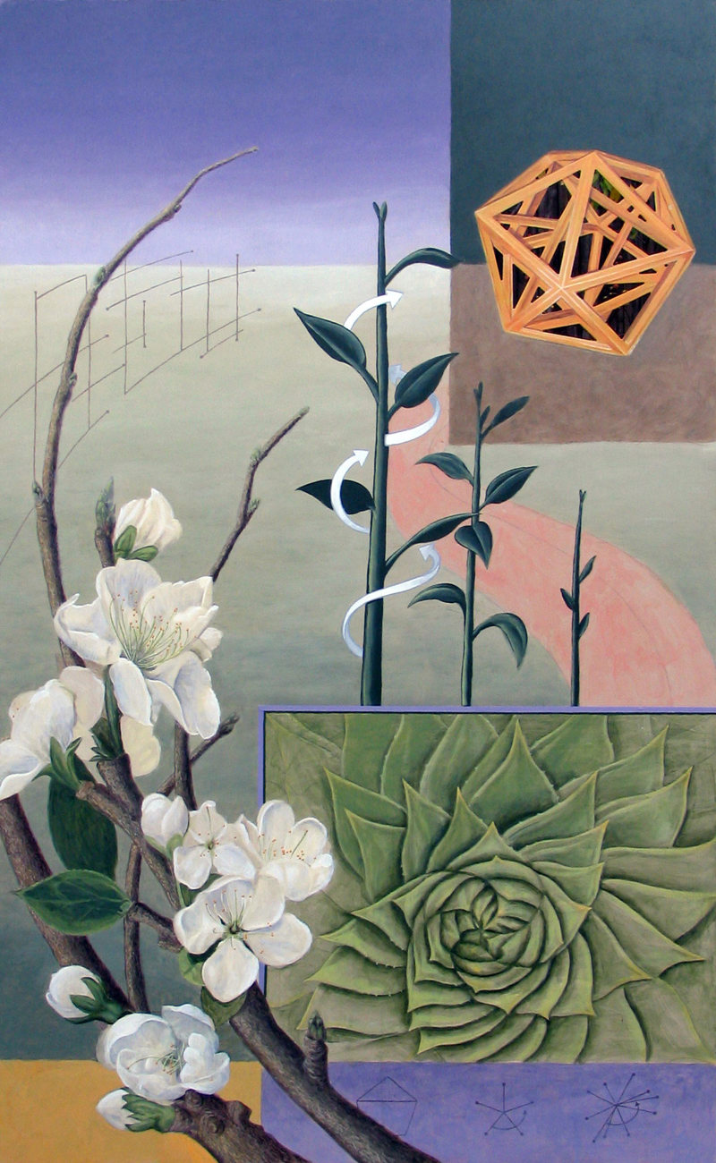 A detail closeup of a painting depicts symbols of science and geometry with objects of nature with similar patterns. This painting features a curved blooming syringa branch, the spiral growth pattern of plants, and a hollow icosahedron.