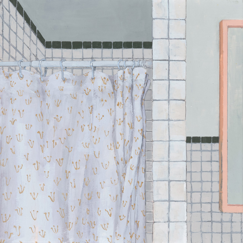 A painting of a tiled bathroom shower and curtain with a pattern of thistle plants.