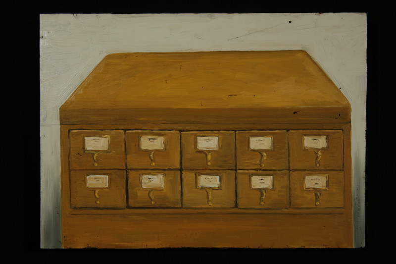 A painting of a library card catalog cabinet.