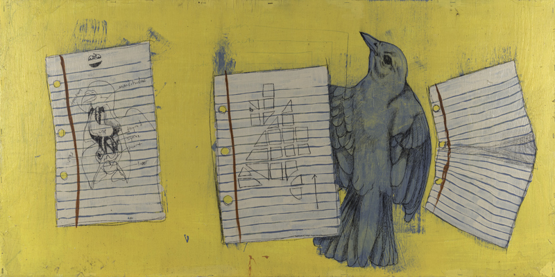 A black bird sitting between three sheets of lined notebook paper over a bright yellow background.