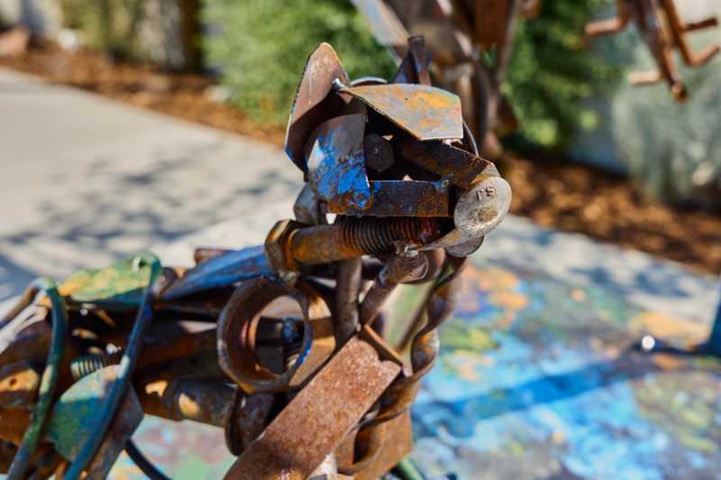 A sculpture of a coyote and her pup made out of found metal objects. The sculpture has been spray painted with areas of blue and orange.