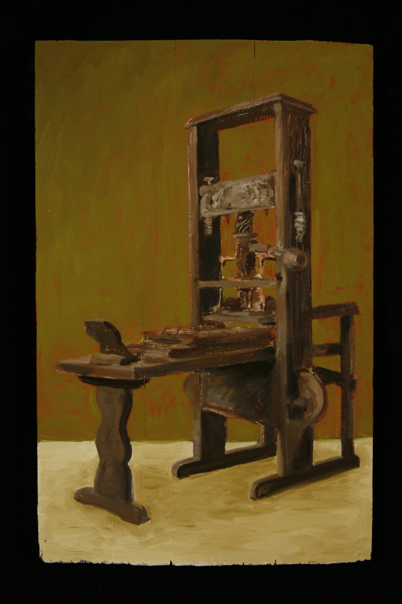 A painting of an antique freestanding wooden printing press.
