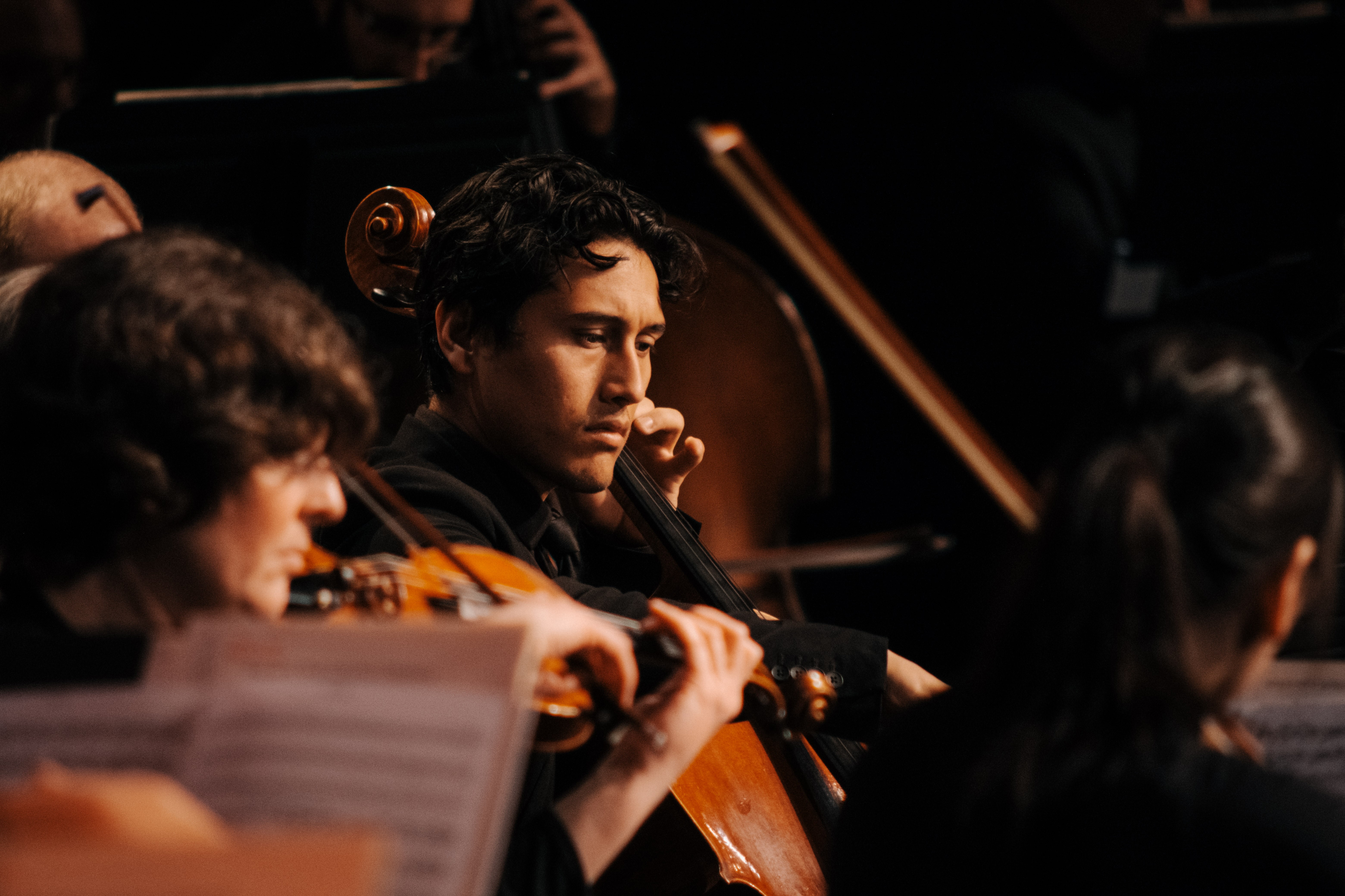 Boise Philharmonic musicians play stringed instruments.