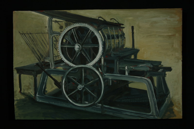 A painting of a large antique printing press machine.