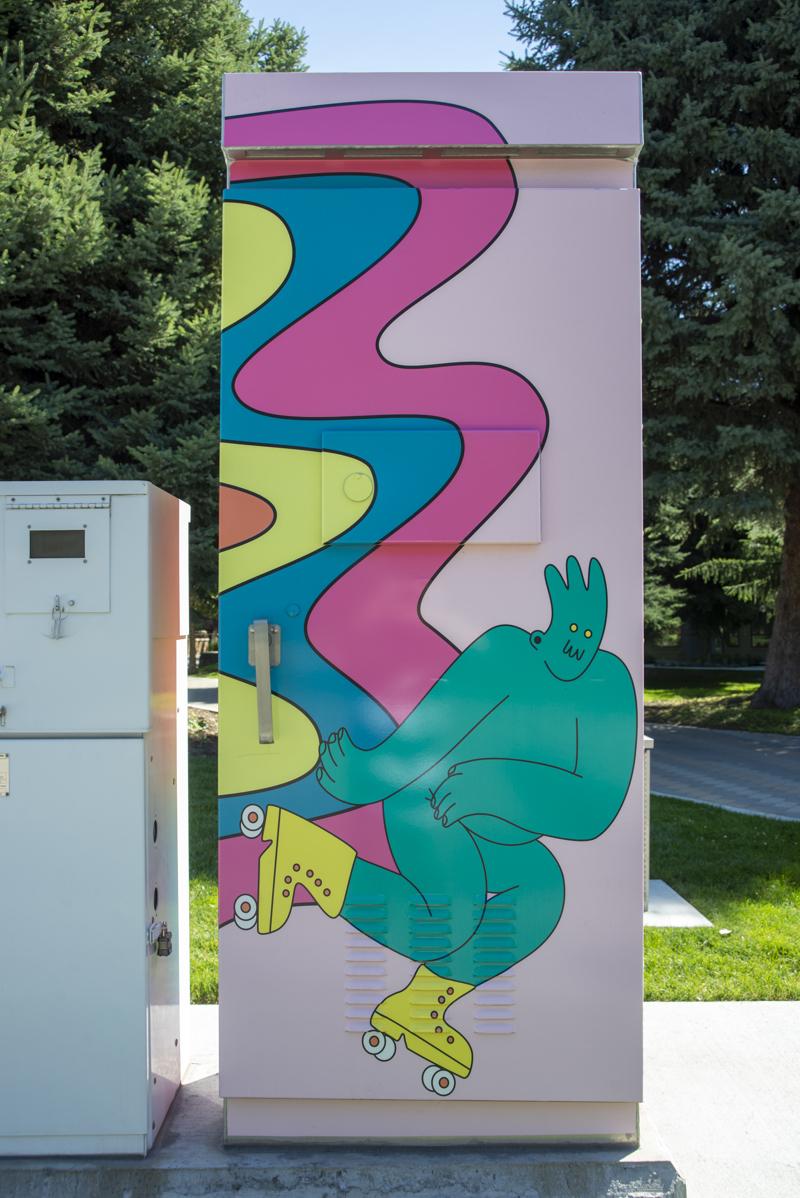 Side 3: A teal cartoon character wearing yellow roller skates. 