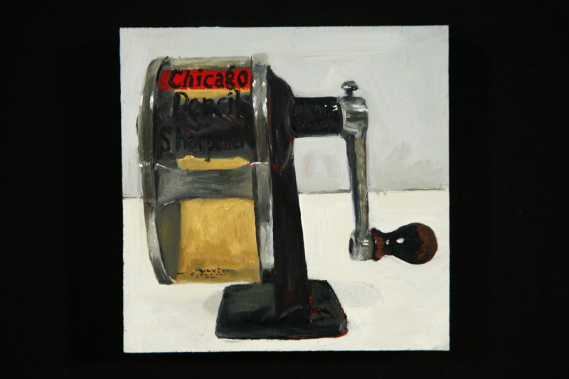A painting of an antique Chicago Pencil Sharpener.