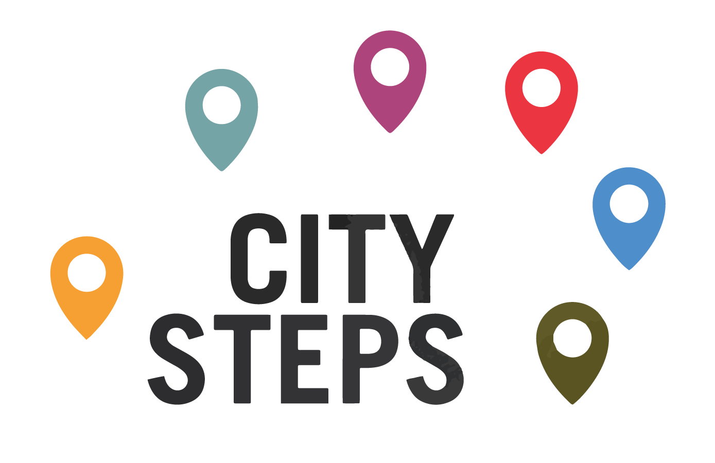 City Steps Tour Program logo with colored location pins graphics.
