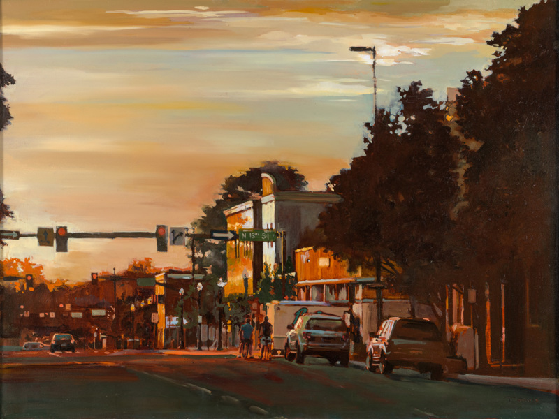 A painting of the intersection of 13th street and Idaho street at sunset.