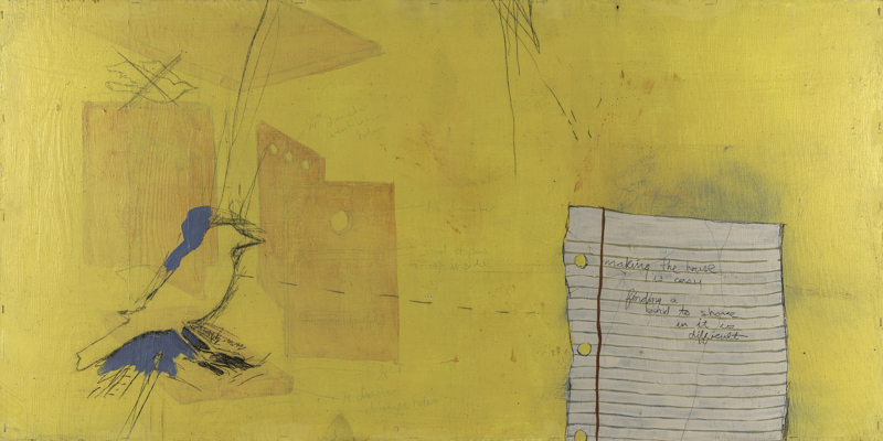 The rough outline of a bird over a bright yellow background. On the right is a sheet of lined notebook paper with the cursive text, "making the house is easy. finding a bird to shove in it is different."