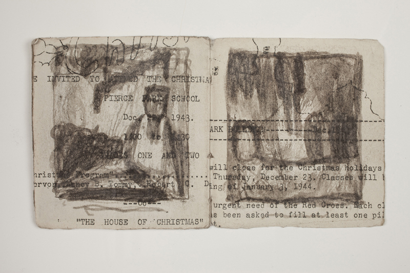 A small booklet made of 3 folios of found paper and string. Illustrations made of soot primarily depict images of dogs.