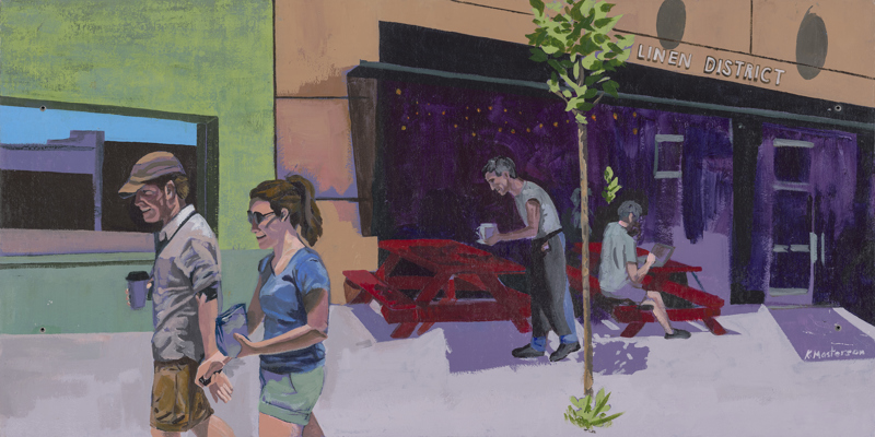 A number of figures walking and sitting outside what appears to be a restaurant of some kind with the words "Linen District" above the doorway.