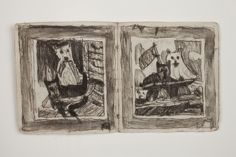 A small booklet made of 3 folios of found paper and string. Illustrations made of soot primarily depict images of dogs.