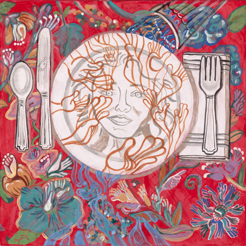 A painting of a dinner setting on top of a flora table cloth. On the plate is the face of a woman surrounded by hands.