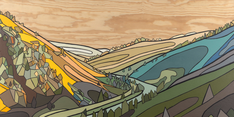 A painting of a geometric abstracted landscape of the Salmon River. 