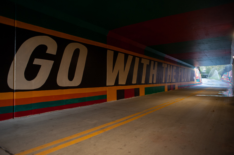 A mural on the walls of a bike path tunnel with the text, "Go with the flow" painted in white.
