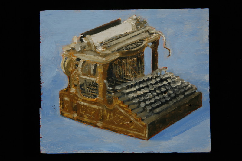A painting of an antique typewriter with a blue background.