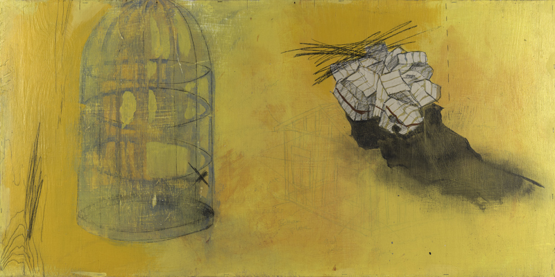An empty birdcage over a bright yellow background. On the right is a crumpled up piece of lined notebook paper.