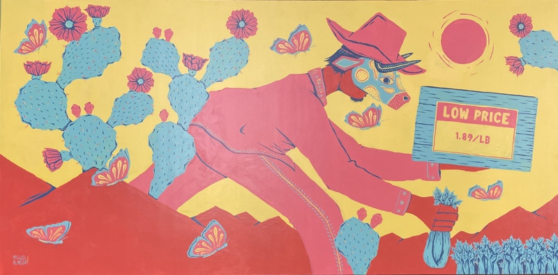 A painting on particle plywood board. In shades of pink, red, yellow, turquoise, and blue, we see a male figure stepping over a mountain range. He is surrounded by butterflies and cactus plants. He's most notably wearing a horned bull mask. In one hand he holds a celery plant, in the other he holds a bin with the sign with the text: "Low Price  1.89/lb).