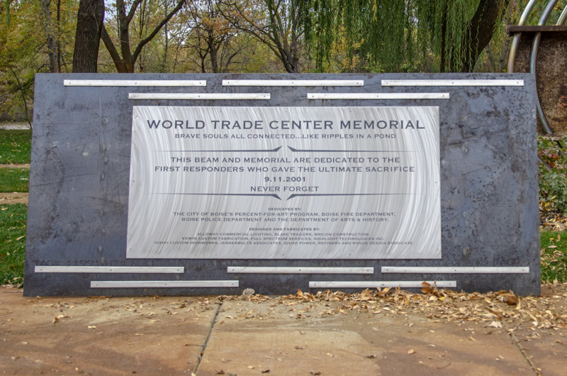 A steel beam from the World Trade Center destroyed on September 11, 2001. The beam has 5 stainless steel rings that appear to run through it and hold it up, making it seemingly float. 