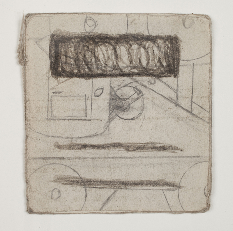 A small booklet made of 3 folios of found paper and string. Illustrations made of soot primarily depict images of dogs.