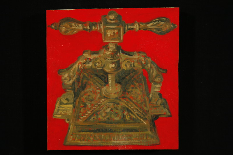 A painting of a small table top printing press with a bright red background.