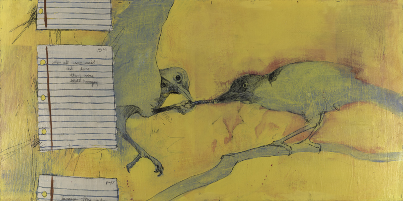 Two black birds fighting over a worm over a bright yellow background. On the left are three sheets of lined notebook paper.