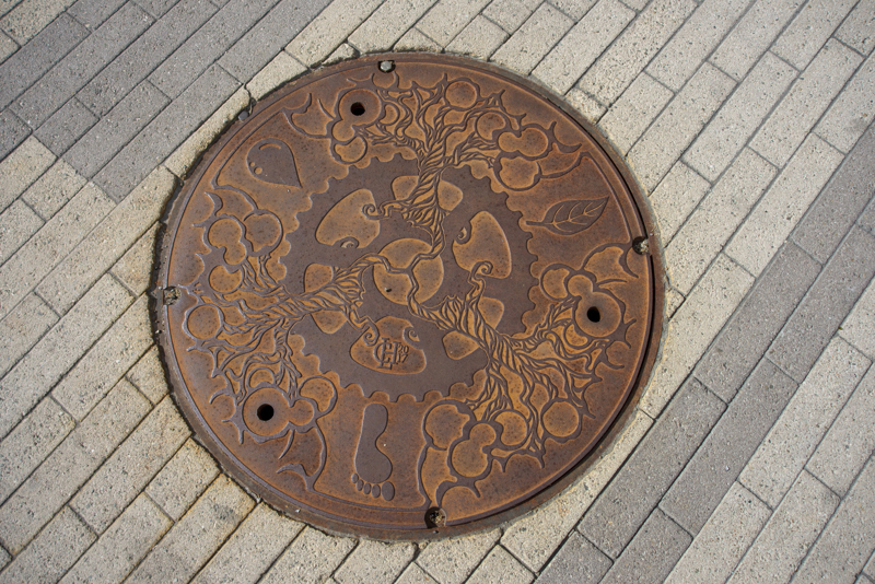 An iron utility (or man hole) cover with a relief sculpture of a toothed gear wheel interlaced with three trees. In between the trees are the symbols of a leaf, a foot print, and a water droplet. 
