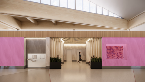 Rendering of proposed placement of mosaics on wall on either side of the bathroom entrance.