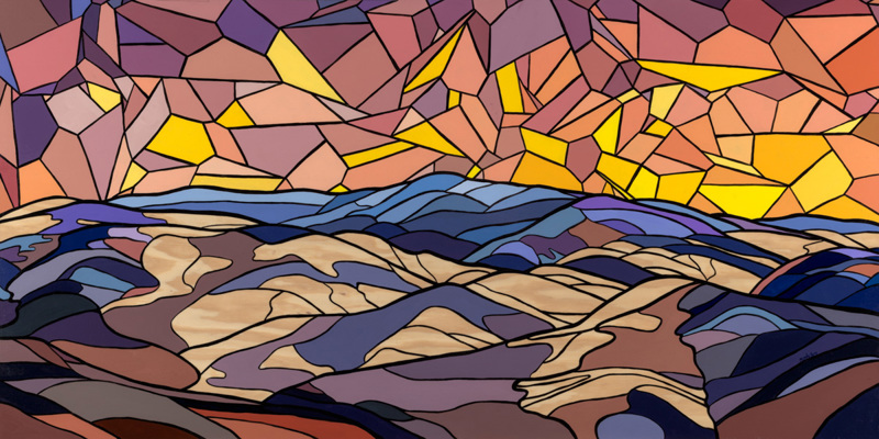 A painting of a geometric abstracted landscape of Challis, Idaho in the evening.