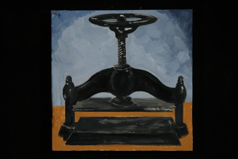A painting of an antique table top printing press.