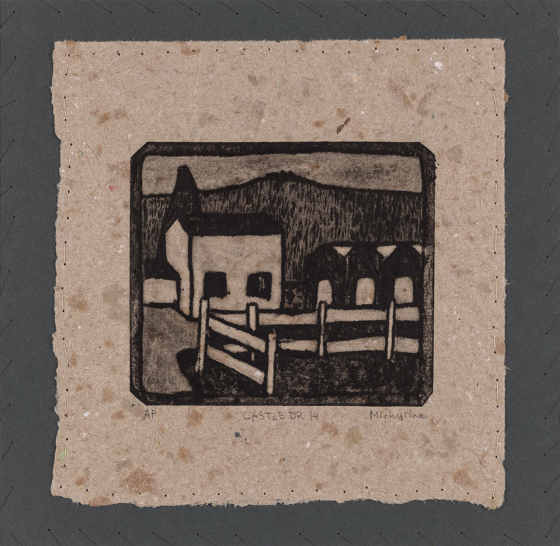 A relief cut black inked print of a house and a fence.