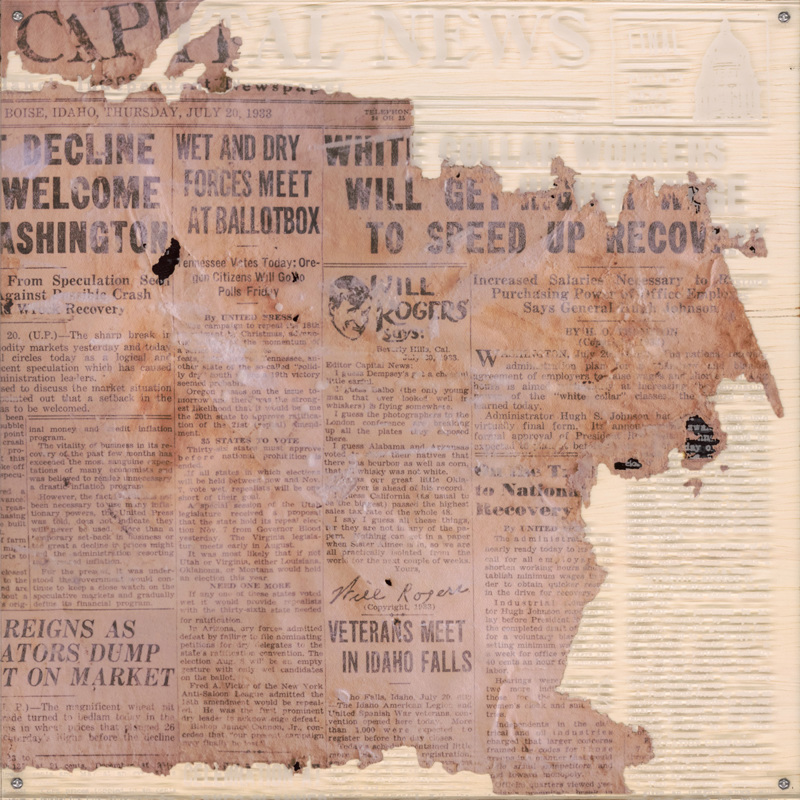 A fragment of an old newspaper found at the James Castle House with printed text on acrylic completing the areas of loss.