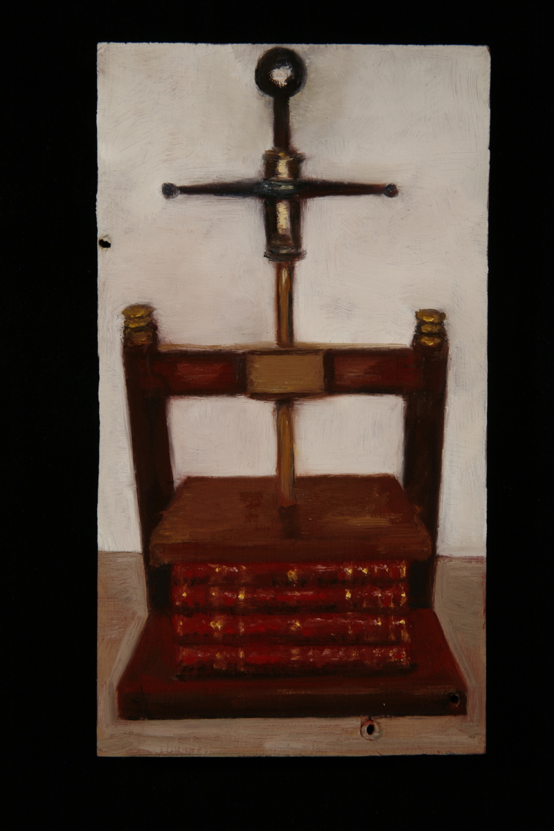 A painting of a small table top printing press.