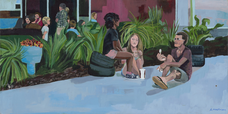 A number of figures sitting outside what appears to be a restaurant of some kind.