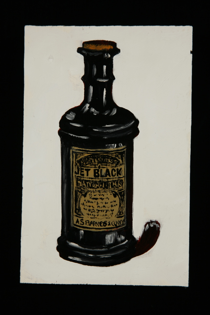 A painting of a black bottle of "Jet Black" ink.