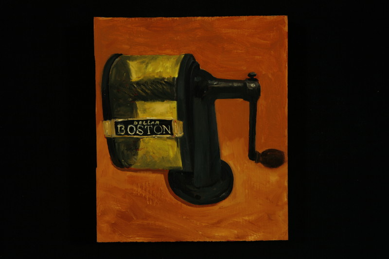 A painting of an antique "Dollar Boston" hand-crank pencil sharpener with an orange background.