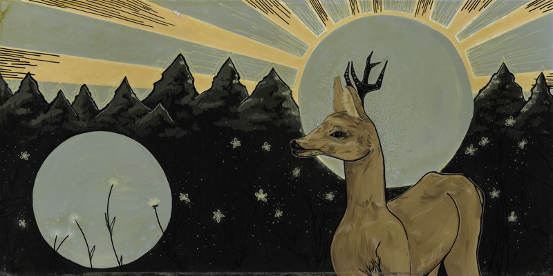 An antlered deer standing in front of a tree line and a blue sunburst. 