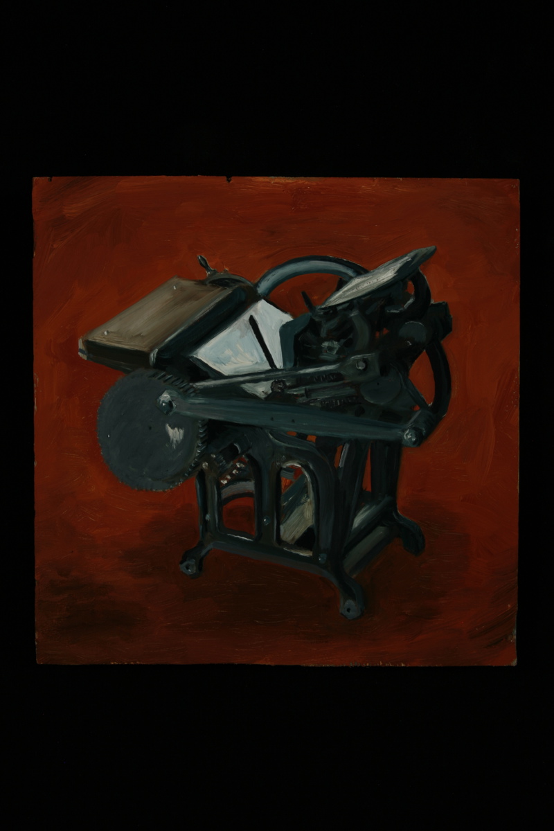 A painting of an antique leaflet or flyer printing press.
