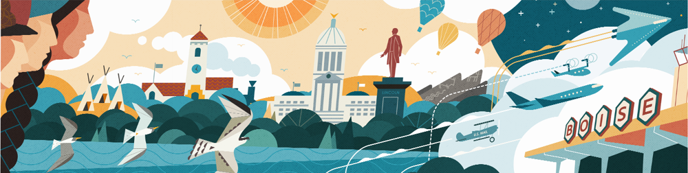 Artist rendering includes Boise Depot, State Capitol Building, Airport as well as people, and natural elements.