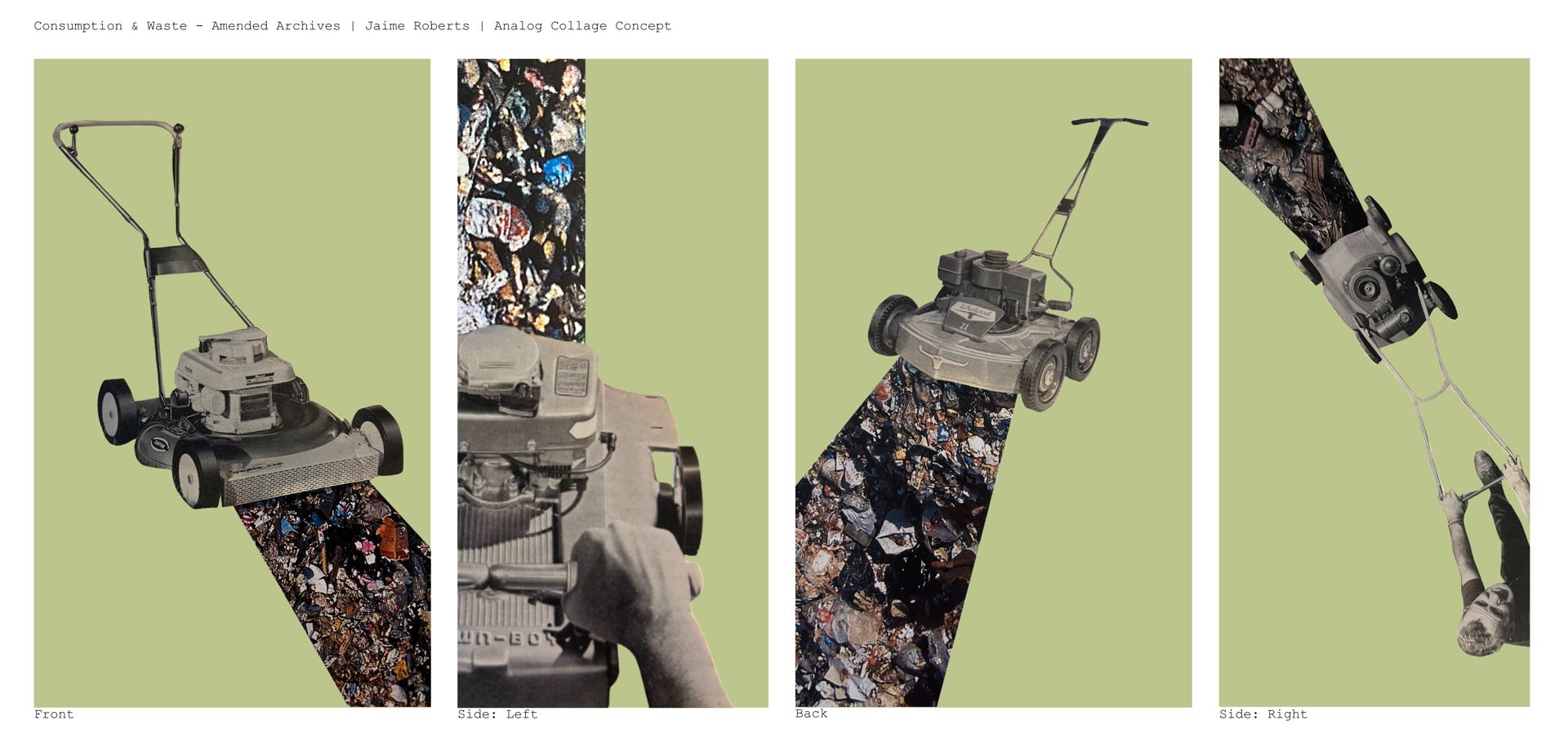 Example of Traffic Box Art mock up, with lawnmower path filled with trash waste, art by Jaime Roberts.